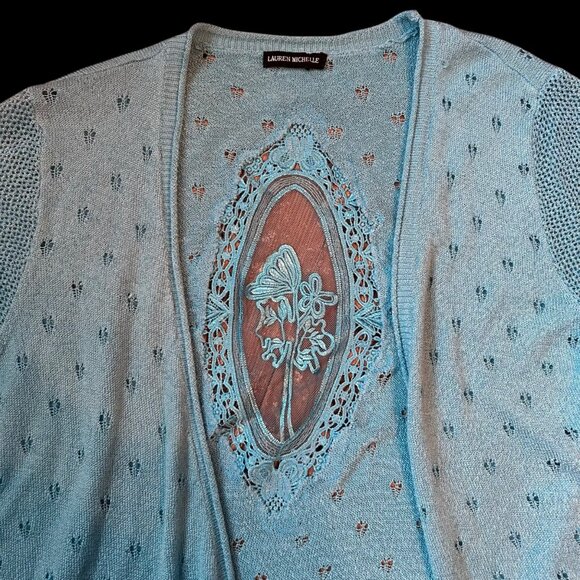 Vintage Lauren Michelle Open Front Eyelet Embroidered Mesh Cardigan - Picture 4 of 7